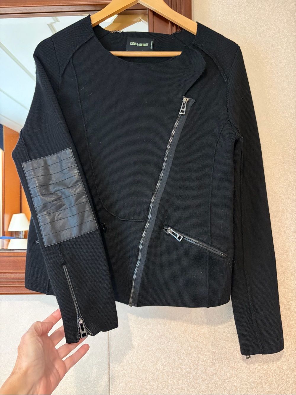 Zadig & Voltaire Black Knit Moto Jacket with Leather Elbow Patch